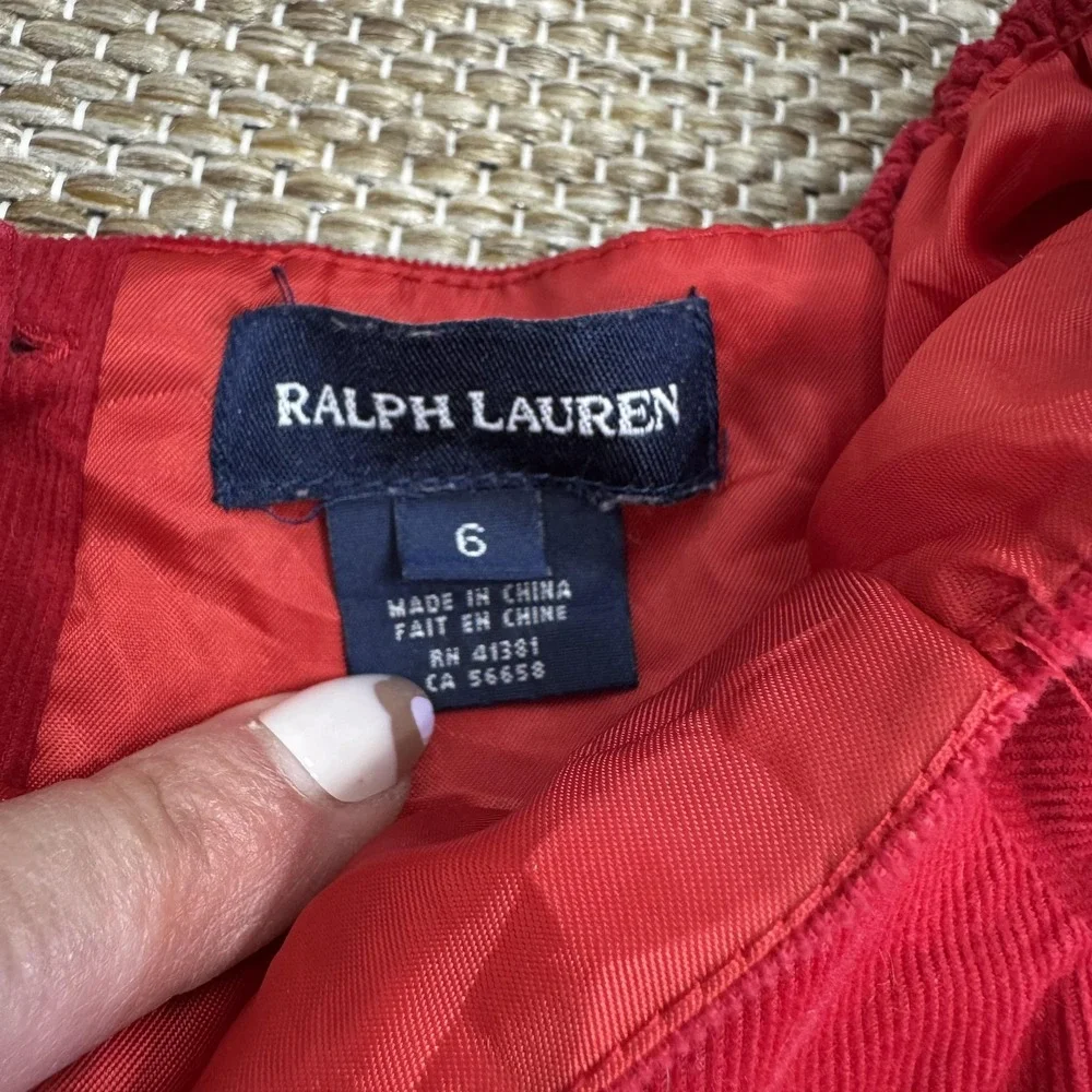 Ralph Lauren Dress Girls‎ 6 Red Corduroy Velvet Waist Puff Sleeve Lined Holiday